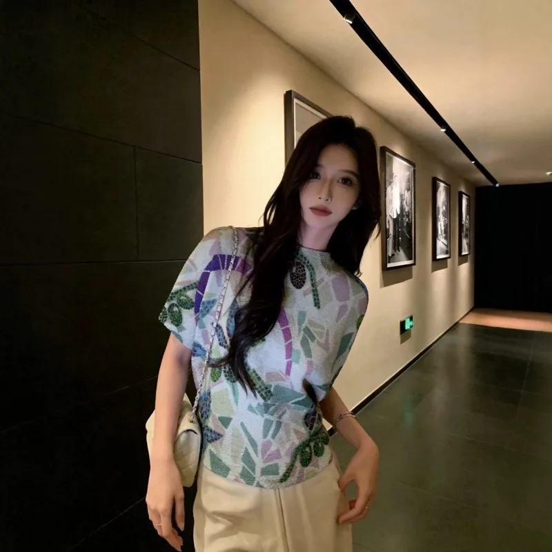 Miyake Pleated Printed Short Sleeve T-Shirt Women 2026 Summer New Batwing Sleeve Elegant Age-Reducing Artistic Top Fold T-Shirt