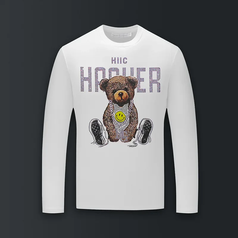 High Quality O Neck Long Sleeve T Shirts Men Cartoon Bear Rhinestones Fashion Streetwear Modal Cotton Slim Tshirts Mens Clothing