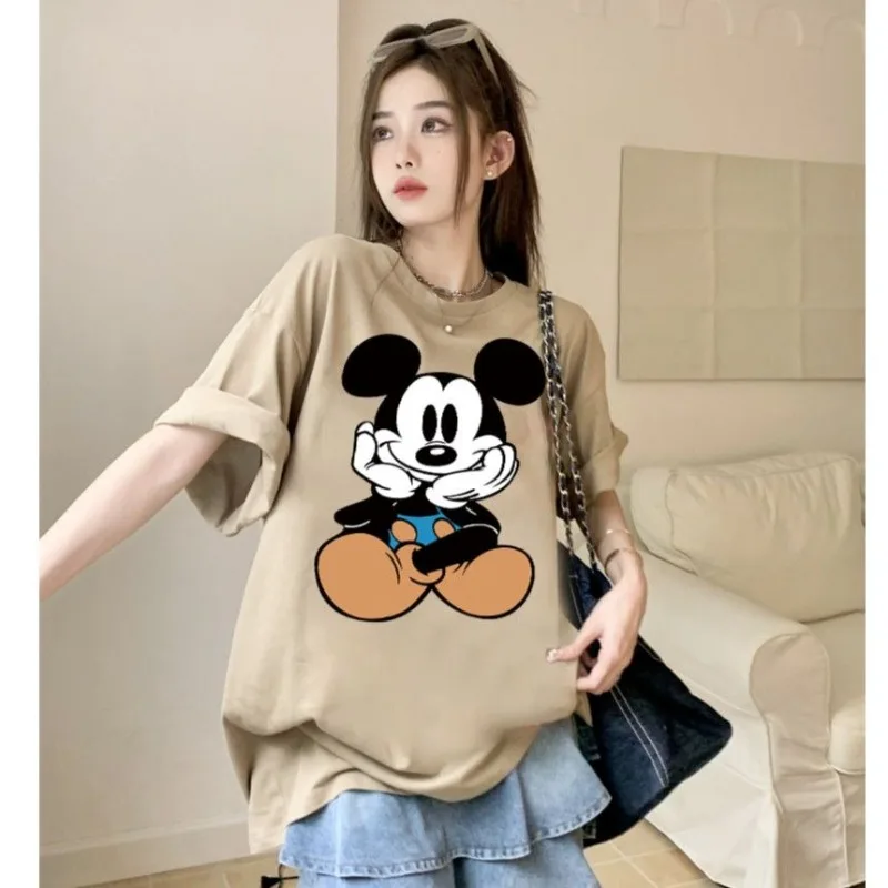 

Летняя корейская модная хлопковая футболка с Микки Маусом, свободного кроя, больших размеров для женщин, в дизайнерском стиле, повседневные парные топы