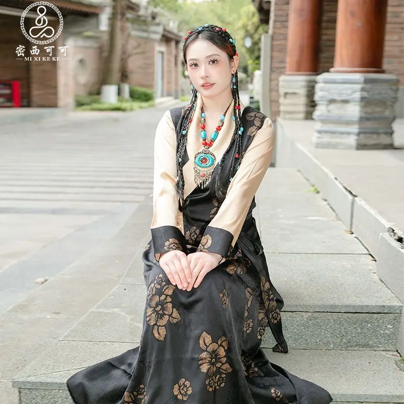 ใหม่เลซาของผู้หญิงอารมณ์โบราฤดูร้อนทิเบตชุดยาวทิเบตหม้อจวงกระโปรง