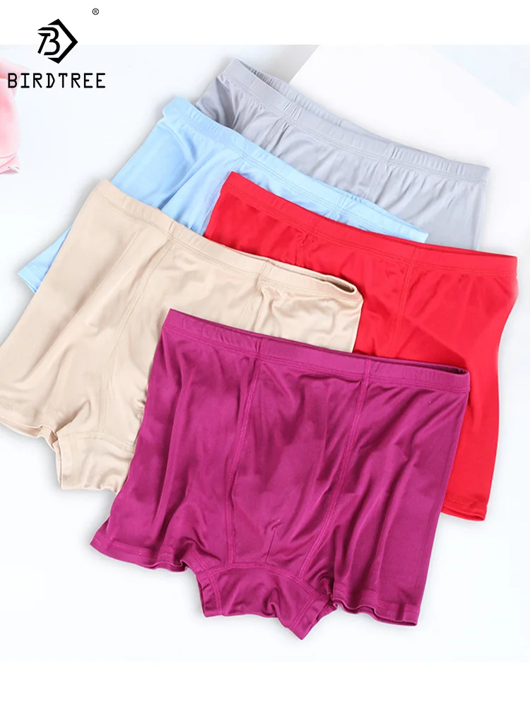 Birdtree 3 PACK 25% Silk Underwear Men's Solid Colors Breathable Thin Boxer Red Intimate Size L-3XL P38662QM