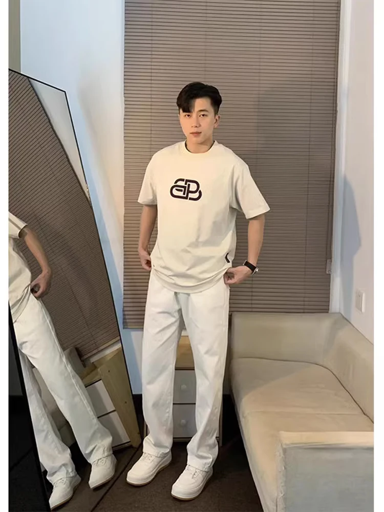 

White High Waist Elastic Jeans Men's American High Street Cleanfit Slim Straight Narrow Version Slimming Long Pants