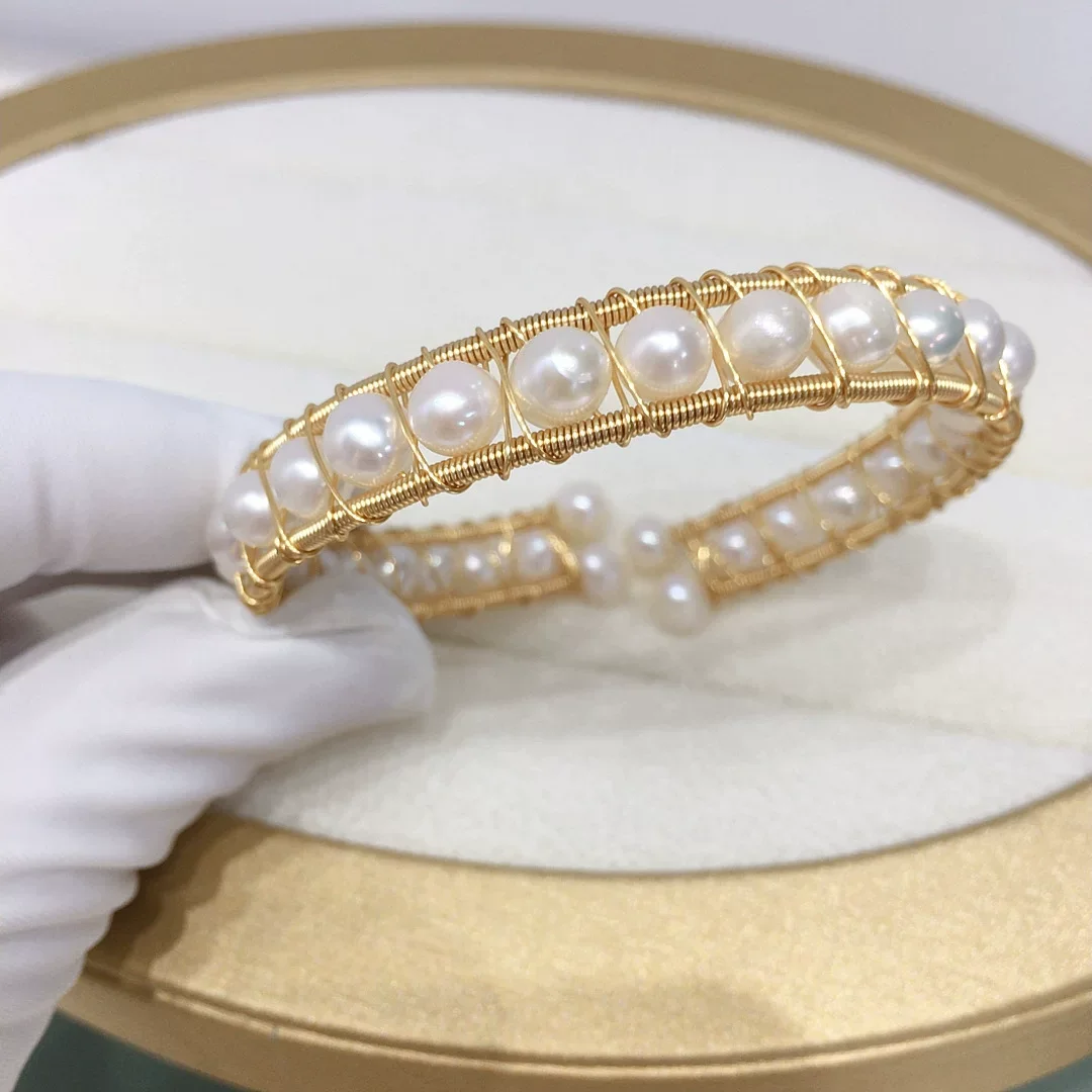 New Product Design: Wrapped with Multiple Beads and Full String Natural Pearl Elastic Bracelet 14K Gold Thread AAA5-6mm