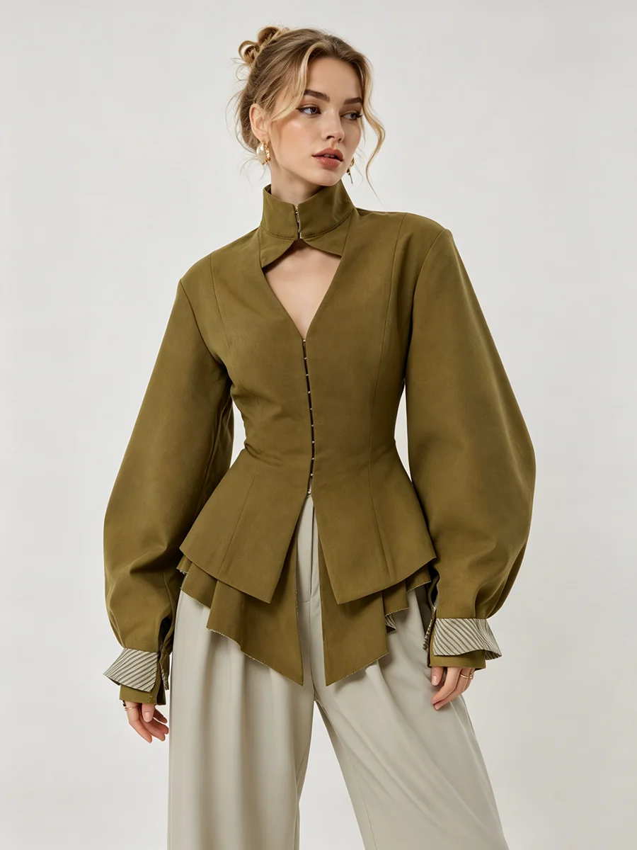 Women Stand Collar Lantern Long Sleeve Blouse Irregular Hem Zip Up Slim Fit Shirt