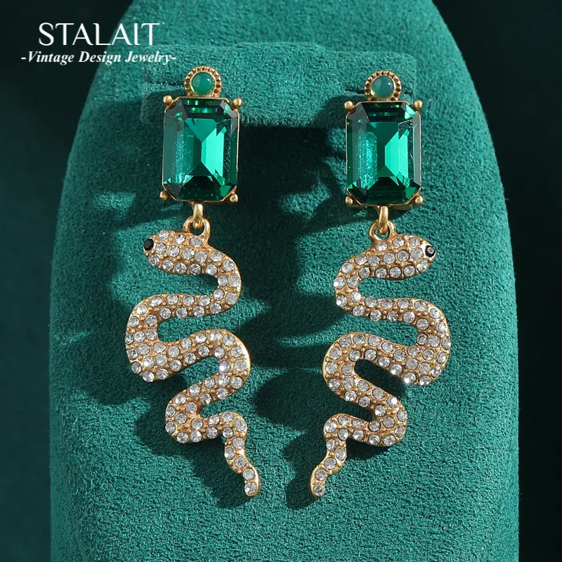 

Vintage Rhinestones Snake Statement Earrings Women'S Accessories Square Emerald Glass Crystal Antique Luxury Quality Jewelry