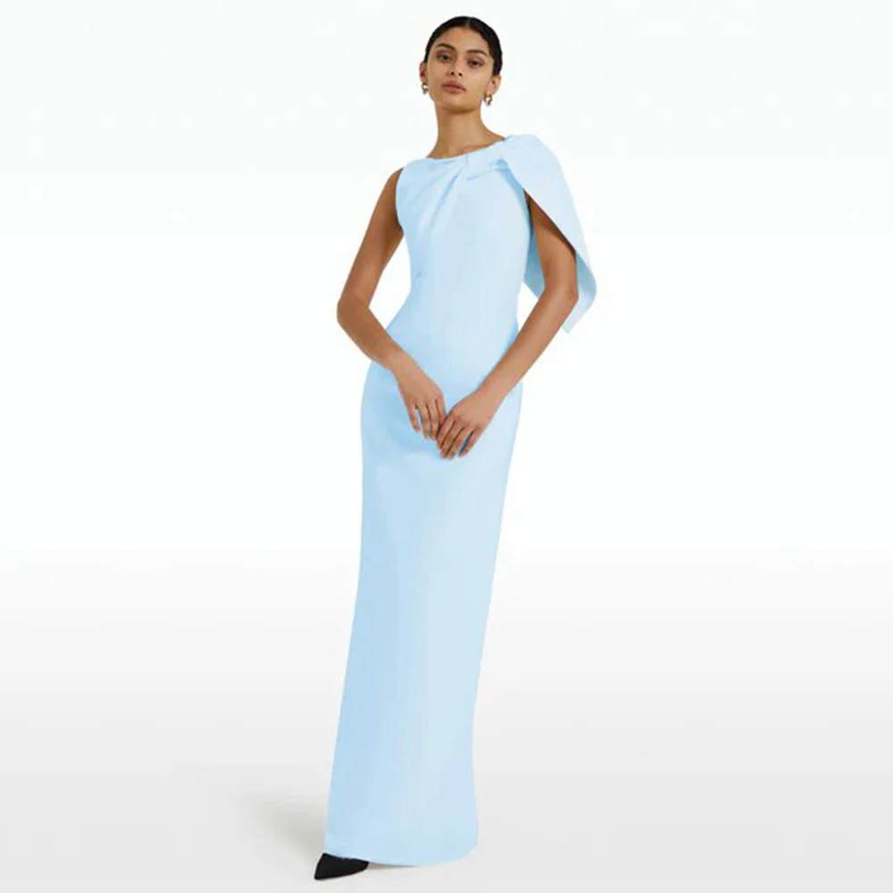 

Simple Gala Dresses Sheath/Column Jersey Prom Dress Azure O-Neck Pleat Cap Sleeve One-shoulder 2024 Valentine's Day Gown Maxi