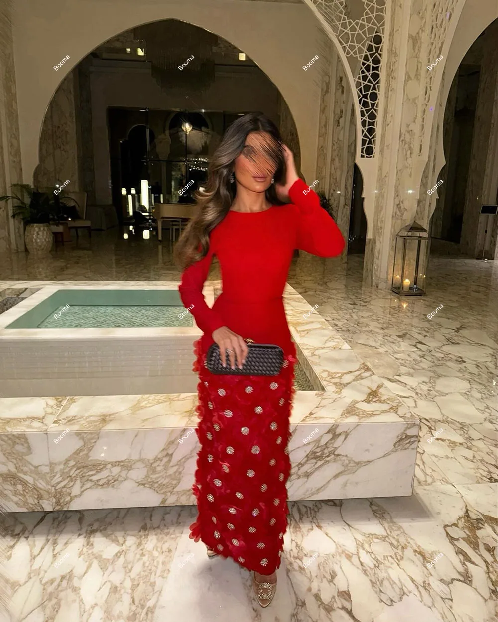 Booma Mermaid Evening Dresses O Neck Long Sleeves 3D Flowers Beading Formal Party Gowns Saudi Arabic Ankle Length Prom Dresses