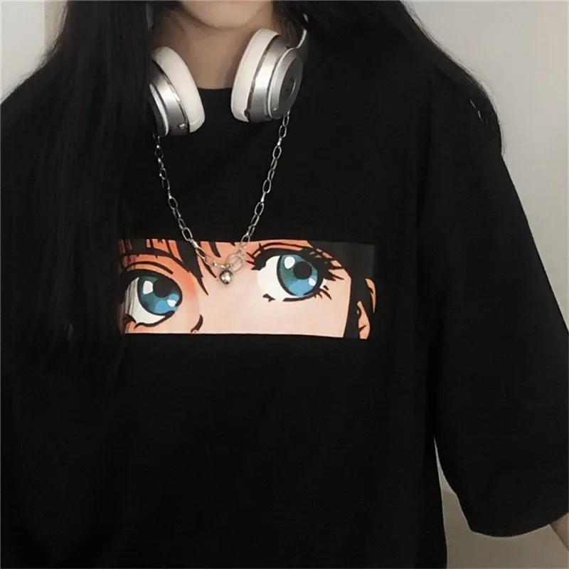 Anime Print Women T-shirt 2023 New Summer Manga Girl Harajuku Style Loose Black Cartoon Short-sleeved T-shirt Female Clothes Top