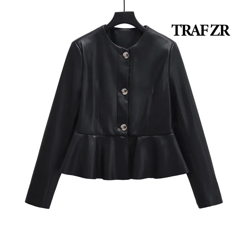 TRAF ZR Elegant Dresses for Women Long Sleeve O Neck Black Dress Y2k Leather Sexy Mini Dress Luxury Evening Dresses 2023