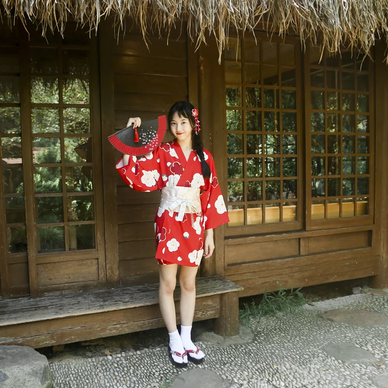 Women's Vintage Japanese Short Kimono Summer Mini Dress Red Floral Prints Cosplay Sleeping Robe Photography Wear