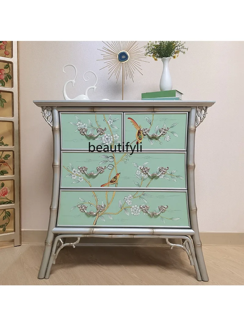 American Retro Entrance Cabinet Painted Four-Bucket Cabinet Living Room Decorative Sideboard Cabinet European Style Locker