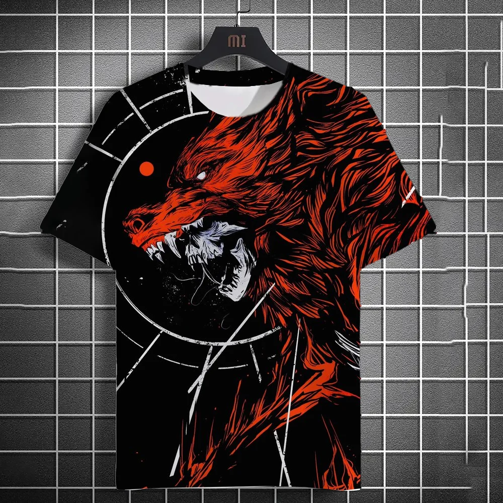 2024 Summer New Men's Summer Men's Casual T-shirt 3D Printed Wolf Fierce Print Unisex Short Sleeve Fashion Trend Home Clothes