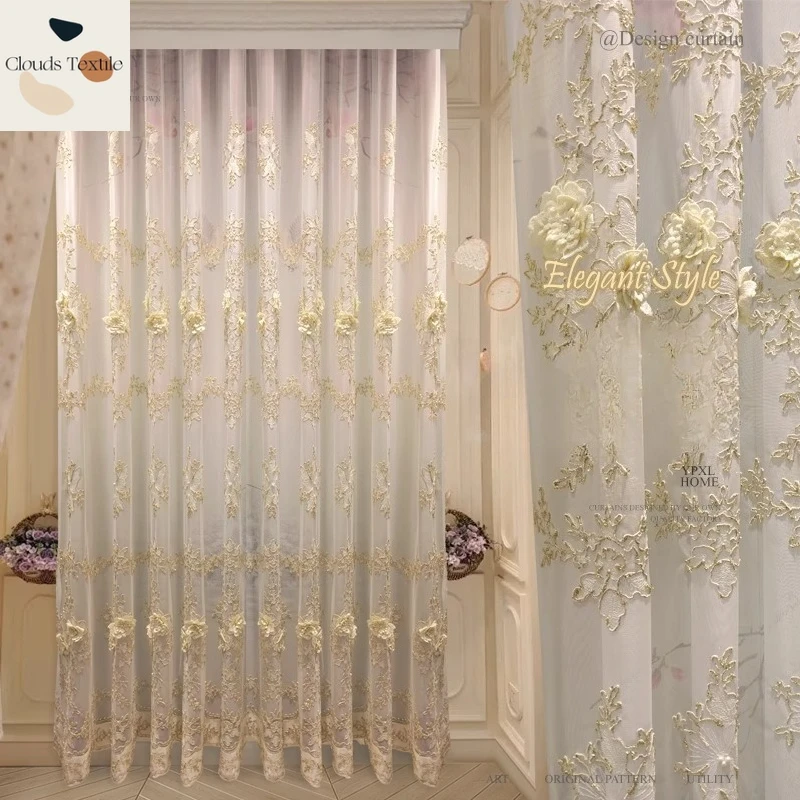 Custom  Size！！French Embroidered Embroidered Transparent Partition Elegant Curtains for Living Dining Room Bedroom Decor Window