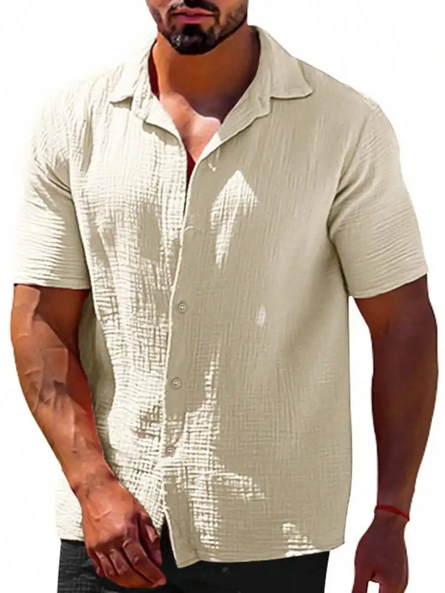 

Mens Casual Summer Short Sleeve Button Down Shirt Loose Solid Color Lapel Top