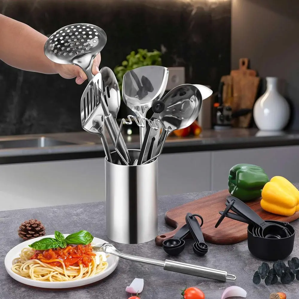 ชุดอุปกรณ์ครัวสแตนเลส 31 ชิ้นพร้อมที่วาง ทนความร้อน ปลอดสารพิษ ใช้กับเครื่องล้างจานได้