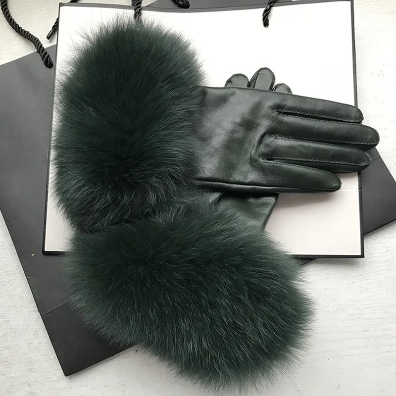 Dark Green Sheepskin Gloves Elegant Soft Real Leather Windproof Warm For Women Fluffy Big Fox Fur Lambskin Gloves Drive Outdoor