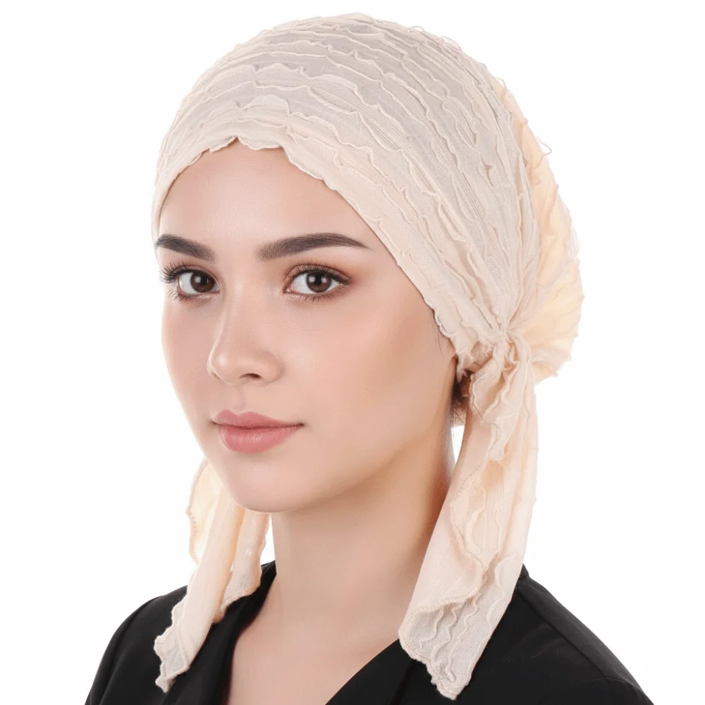 Trendy Ruffle Trim Women's Hijab Breathable Pleated Head Scarf Scarf Cap