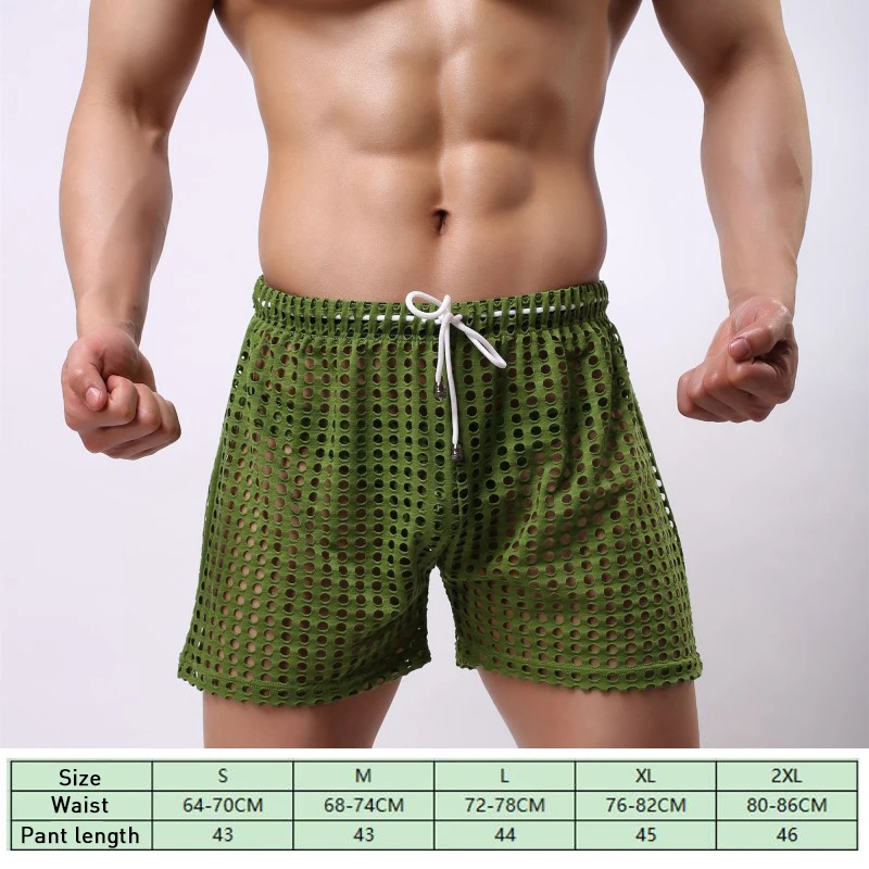 2024 New Men's Sexy Big Mesh Hollow Out Boxer Shorts Summer Beach Men Transparent Nets Board Shorts Household Casual Shorts