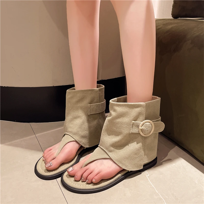 Belt Buckle Summer Open Sandals 2024 New Casual Shallow Cover Heel Flat Short Boots khaki Fashion Women Roman Sandals