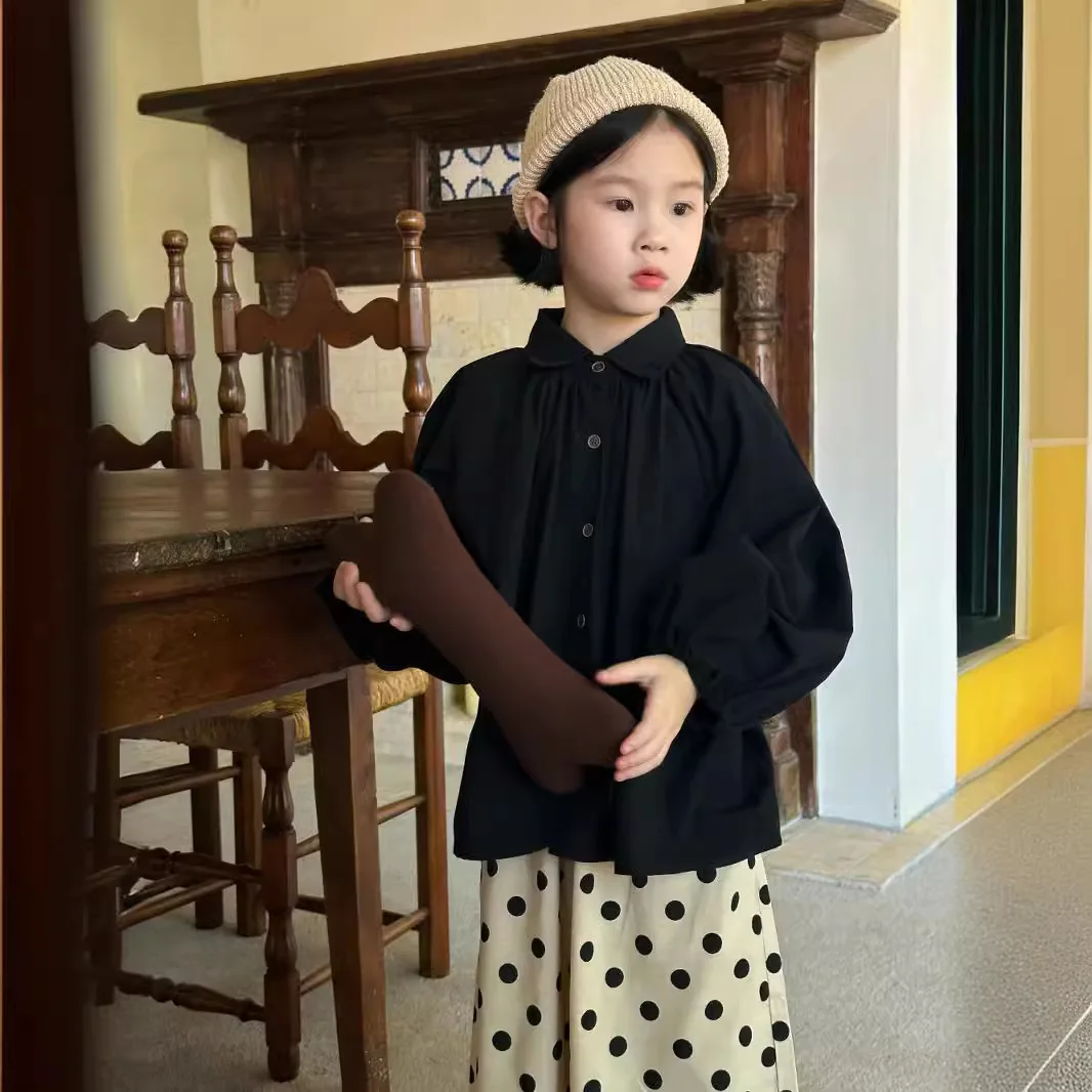 

Children Shirt 2024 Autumn Baby Girls Korean Style Solid Color Casual Shirt Children Baby Fashion Lantern Sleeve Loose Top