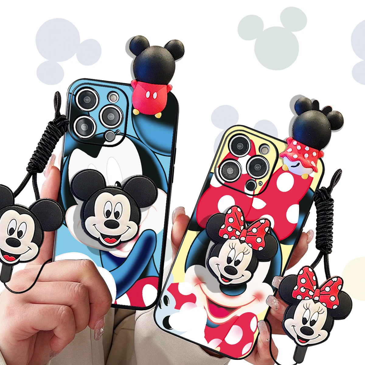 Coque 3D Cartoon Disney Minnie TureMouse, iPhone 16, 15, 14 Plus, 13, 12 Mini, 11 Pro Max, Support de téléphone, Lanyard Strap Cover