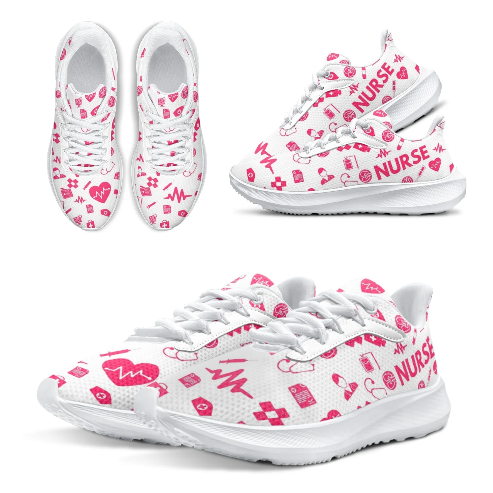 INSTANTARTS Pink Nursing Shoes For Women Medical Printed White Bottom Comfortable Girls Tennis Shoes Anti-shock Running Shoes