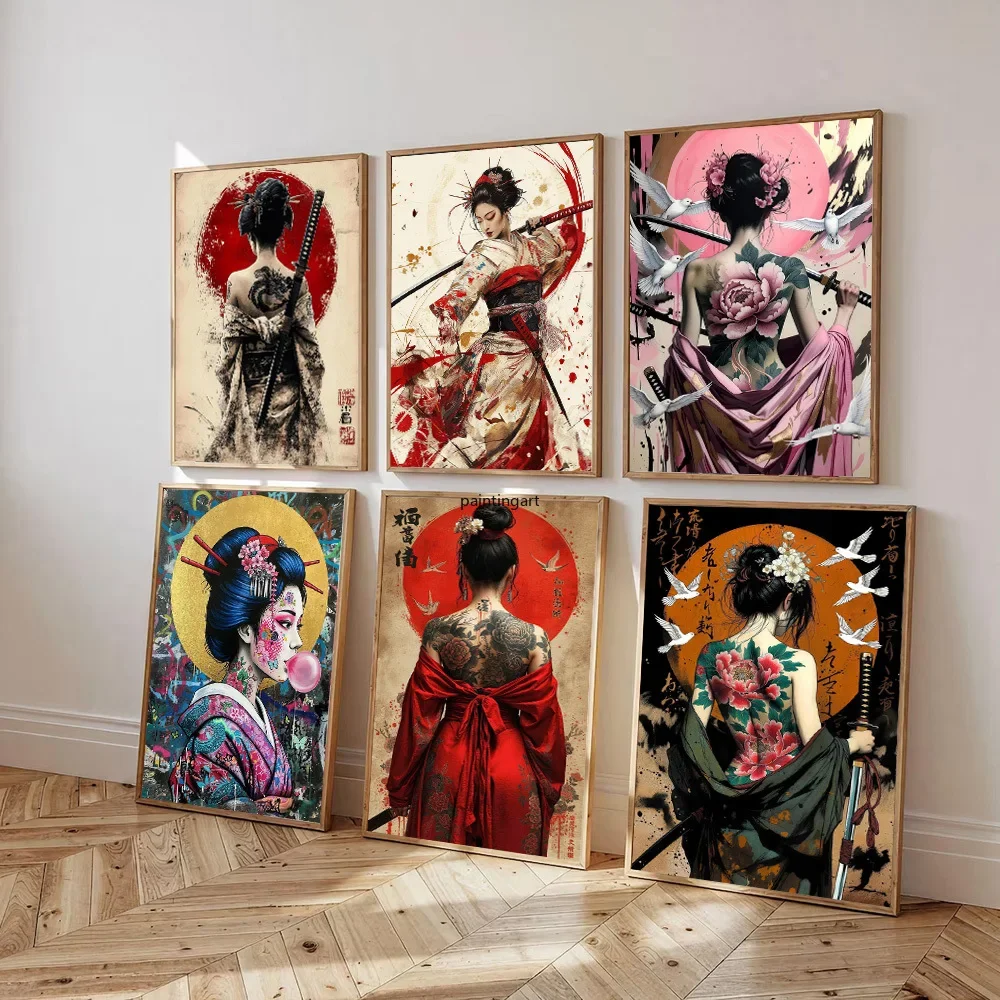 Japanese Geisha Warrior Canvas Poster Samurai Kimono Tattoo Woman Art Prints Japan Wall Painting Decoration Living Room