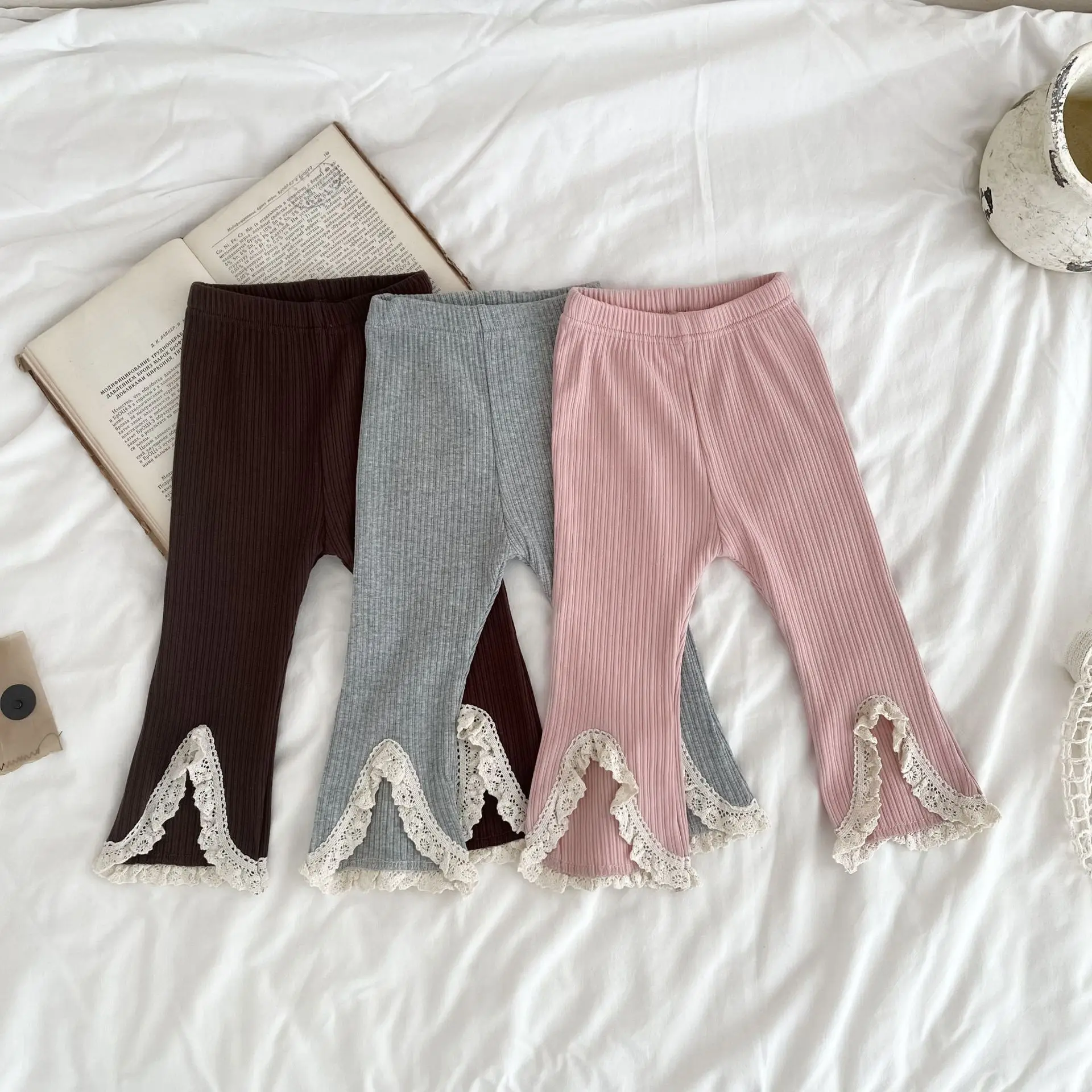 Infant Girls Solid Elastic Pants Children Trousers Toddler Casual Pants 2025 Autumn New Baby Girl Cute Lace Flared Pants Cotton