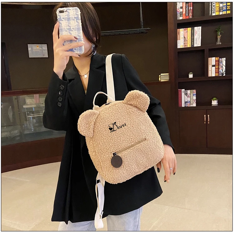 Mochila de ombro em forma de urso bonito das mulheres das mochilas de compras do curso das crianças portáteis nome personalizado do urso