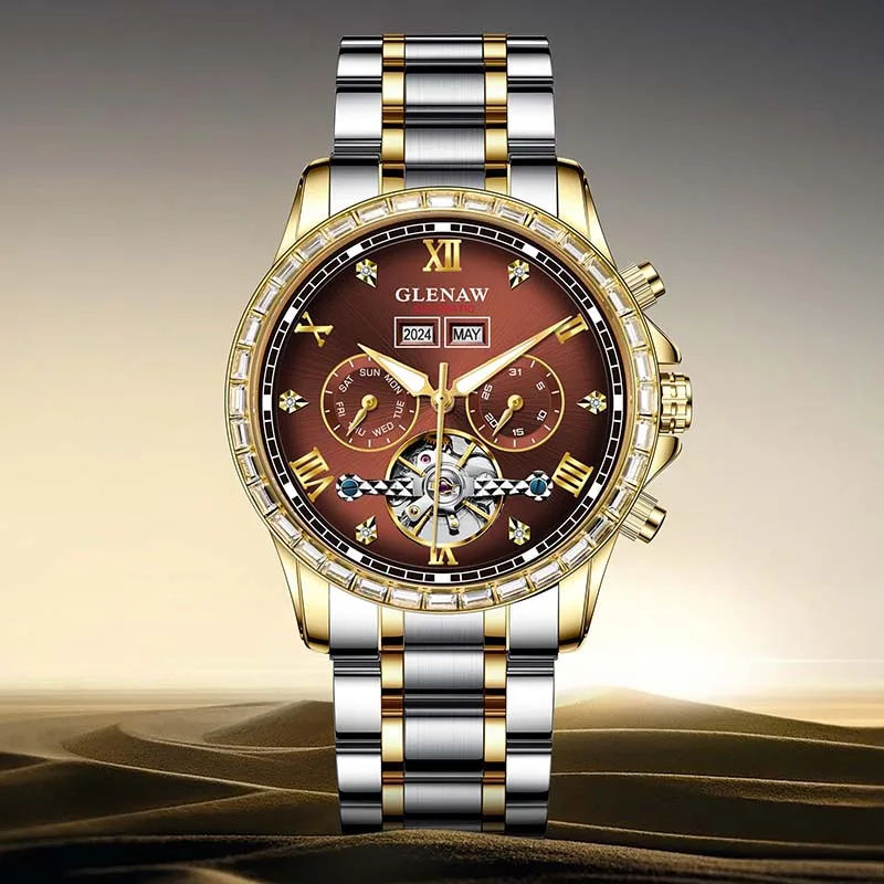 GLENAW autentico orologio da uomo originale di fascia alta con movimento completamente automatico, orologio meccanico, impermeabile, luminoso, con doppio calendario