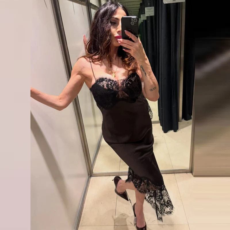 Sukienka HXAO 2026 z koronką, asymetryczna, na ramiączkach, damska, wiosenno-letnia, seksowna, satynowa, bez rękawów, z odkrytymi plecami, elegancka sukienka na Boże Narodzenie.