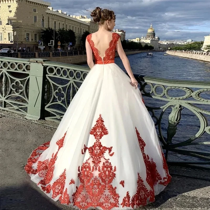 Boho Style Fantasy Bridal Gown Beach White Red Tulle A Line Wedding Dresses Long Applique V-Neck Bridal Dress
