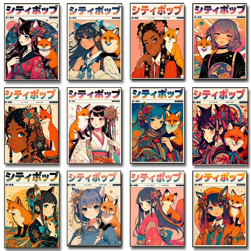 Vintage Manga Japanese Mystic Fox Maiden Anime Kimono Woman Posters Sakura Prints Canvas Painting Wall Pictures Home Room Decor