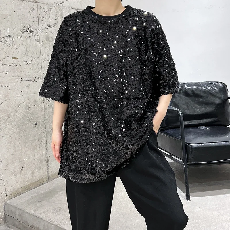 Men Women Sequin T-shirt Stage Fashion Show Hip Hop Loose Casual Short Sleeve Tee Shirts Dance Clothing Couple TshirtsYY204