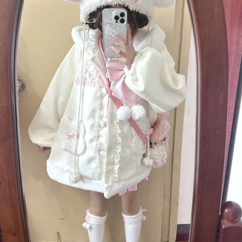 Y2k Lolita Plush Warm Coat Female Girls Loose Cute Rabbit Ears Cotton-padded Coat Sweet Warm Jacket Lady Outwear Winter