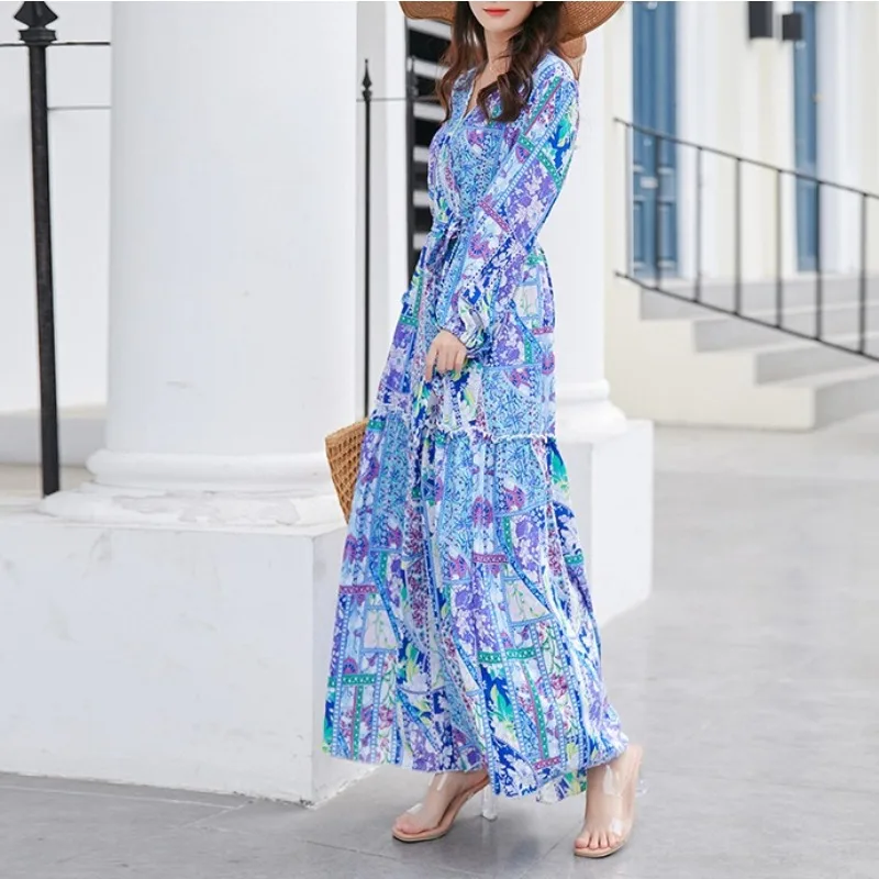 Tinaa Bohemian Plus Size Dresses 2025 Tierred V Neck Long Sleeve Printing Holiday Beach Loose Fit Long Dress with Belt  2311