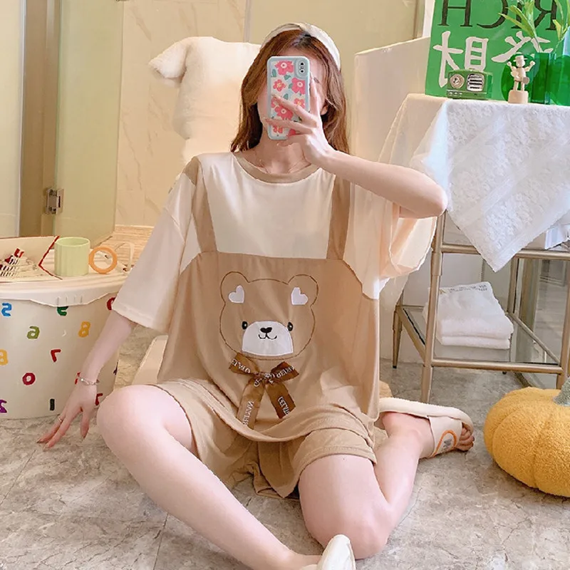 

Kawaii Bear Pajamas For Women Princess Style 2 Pieces Sleepwear Cute Suspender Bear Casual Loungewear 5XL 6XL Loose Pyjama