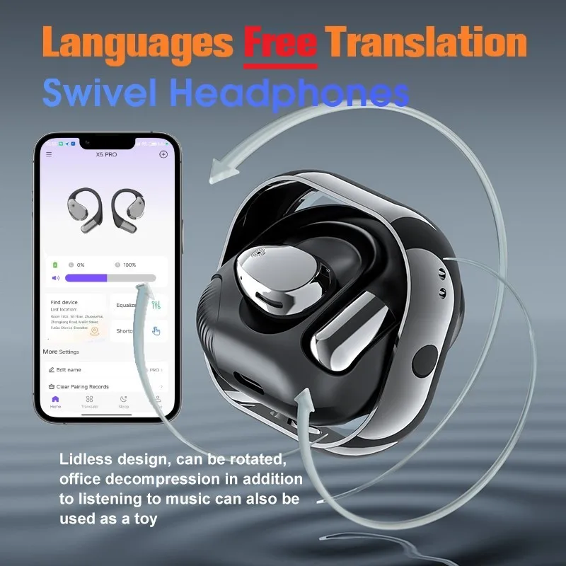

Smart Ai Translation Earphone Fashion Wheels Rotating Charging Case Design Translator OWS Open Ear Wearable Stereo Earbuds