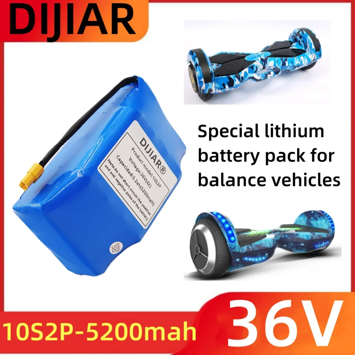 10S2P, 36V, 5200mAh rechargeable lithium-ion battery pack, used for electric hovercraft and suction unicycles