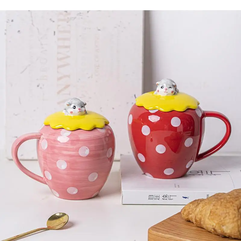 Strawberry Shaped Ceramic Mug Cute Coffee with Lid Afternoon Tea Milk Cup Juice Beverage Cups Home Water