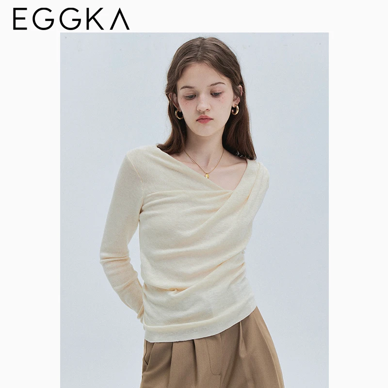 EGGKA Swing Collar Slim Knitwear Women 2024 Autumn Commuting Design Fashionable Tops Female Chic Long-sleeved Top Solid T-shirt