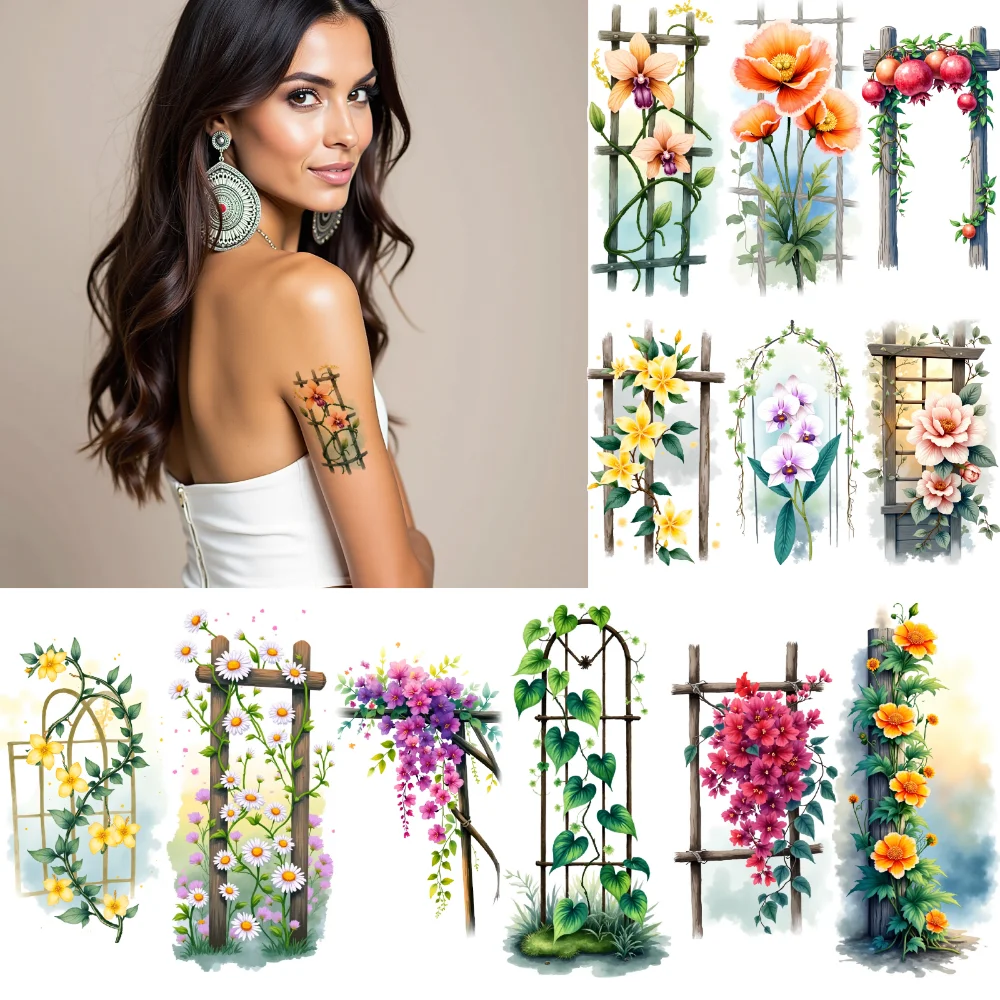 9pcs Temporary Tattoo Vine Patterns Watercolor Archway Art Flower Designs Waterproof Long-lasting Body Stickers For Cheeks