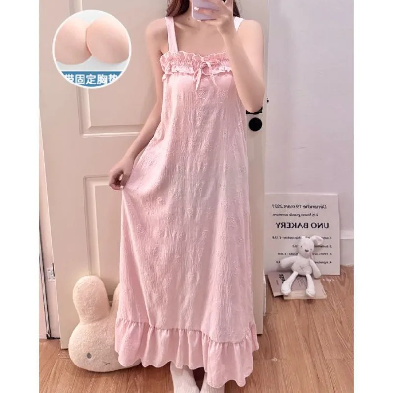 Ladies Cute Long Nightgown with Chest Pad Summer Sleeveless Squre Neak Pyjamas Sleep Dress Korean Women Nightie Can Wear Outside