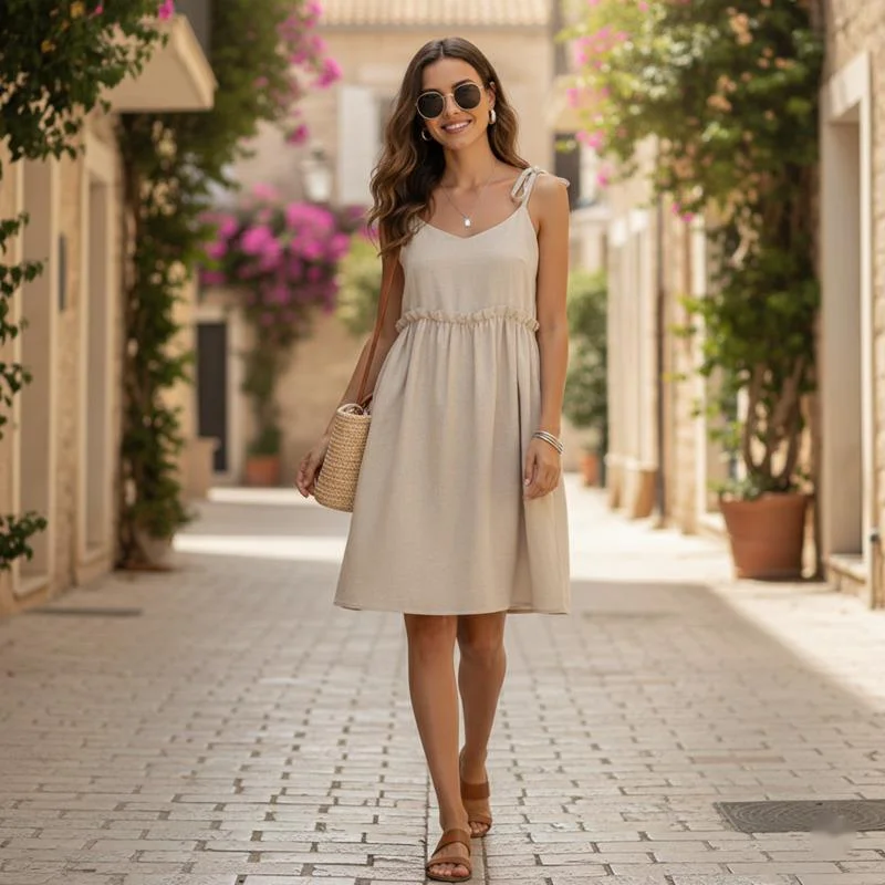 

Летняя женская дышащая мягкая льняная ночная сорочка свободного кроя с завязками, на тонких бретелях, с V-образным вырезом, для дома, отдыха и повседневной носки