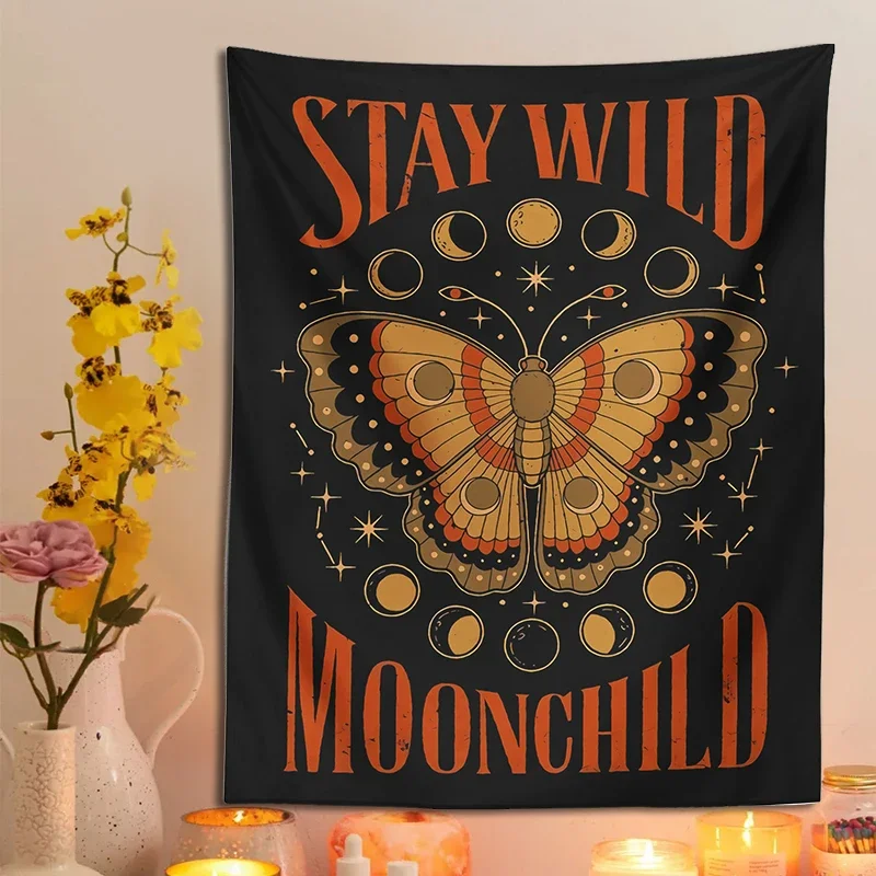 Stay Wild Moonchild Tapestry Wall Hanging Vampurr Lucipurr Psychedelic Tarot Witchcraft Moth Sun Moon Hippie Art Home Decor Gift