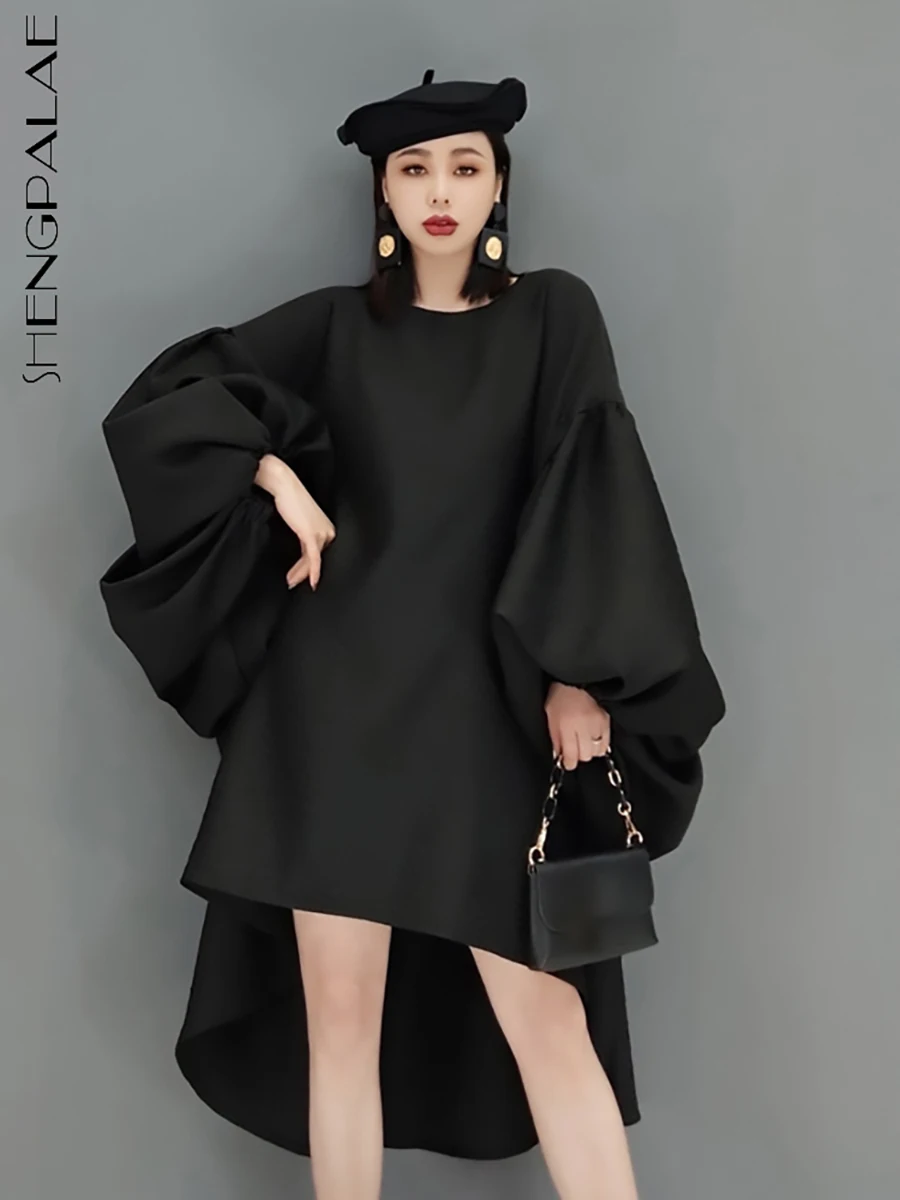 

SHENGPALAE Fashion Solid Color Dress Women's Autumn 2024 New Round Neck Loose Batwing Sleeve Knee-length Dresses Female 5E8839