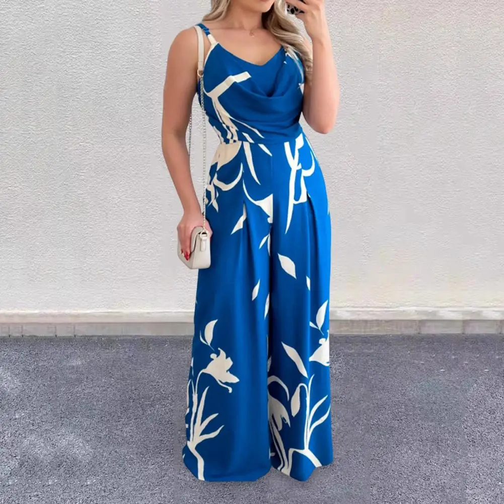 

Women Printed Jumpsuit Stylish V Neck Jumpsuit for Women Elegant Ol Commute Style with High Waist Wide Leg Colorful Printed Full