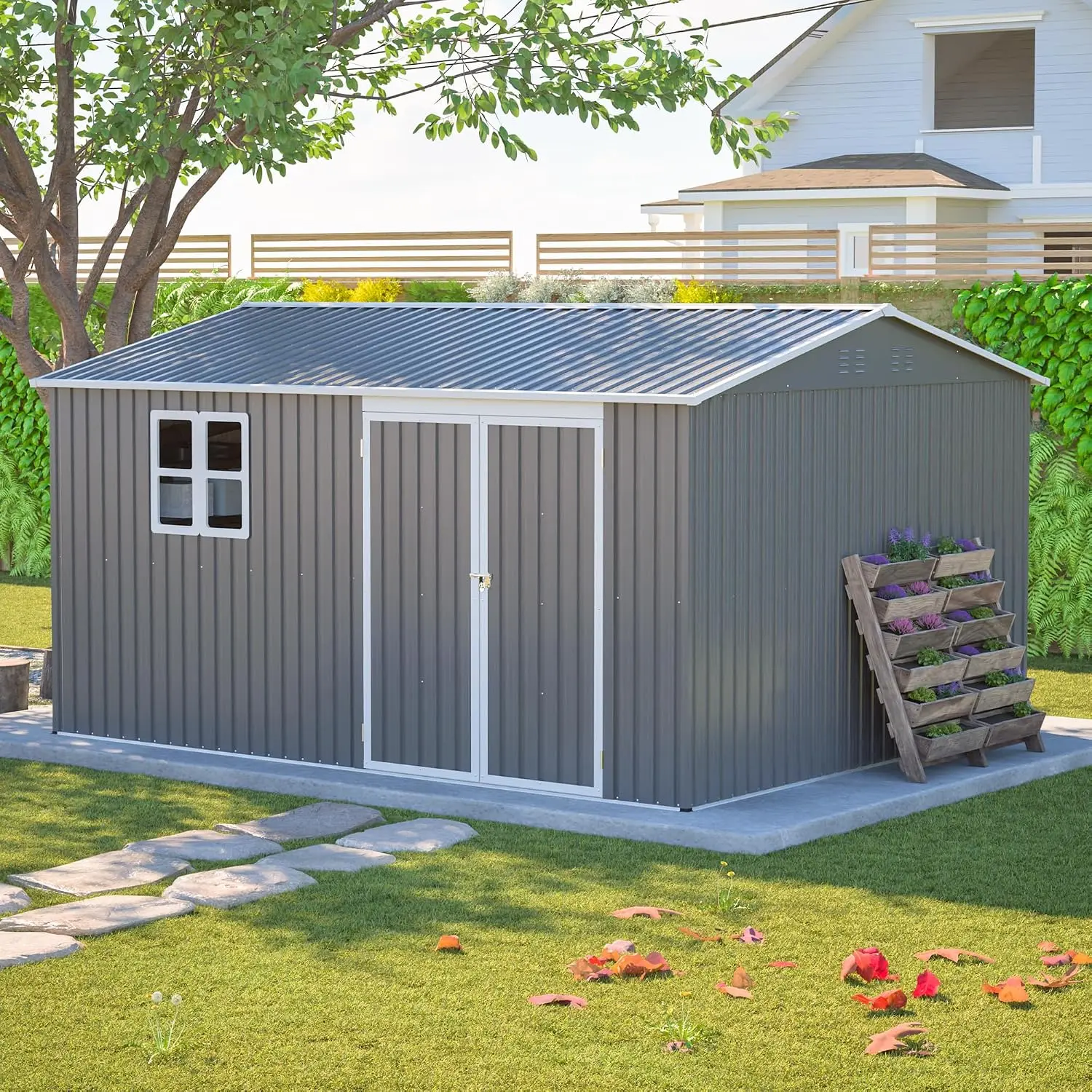 12x10 FT Outdoor Storage Shed,Metal Shed W/Window & Floor Frame,Garden Tool House W/Sloped Roof,Lockable Doors & Air, Custom
