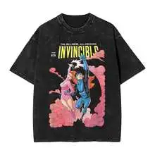Hot Sale Invincible Peripherals Graphic Print T-Shirt Summer New Tee Vintage Washed Cotton Loose Casual Oversized Short-Sleeved