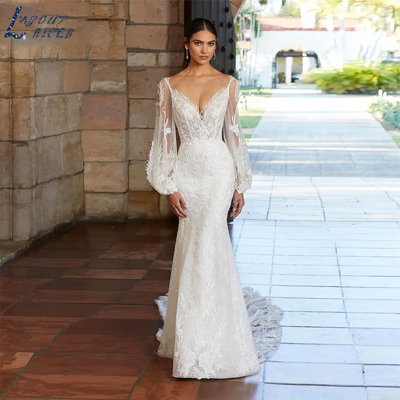 

LAYOUT NICEB Sexy Mermaid Wedding Dress For Women 2023 V-Neck Open Back Puff Sleeves Gowns Lace Appliques Tulle Boho Robe Mariée